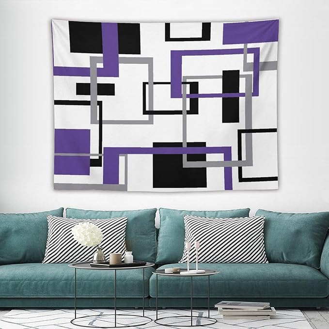 ZhiRain Purple Tapestry Wall Hanging Mid Century Modern Geometric Abstract Lavender Black Grey Square White Backdrop Tapestries Home Decor for Living Room Bedroom Apartment Farmhouse 60"x80"
