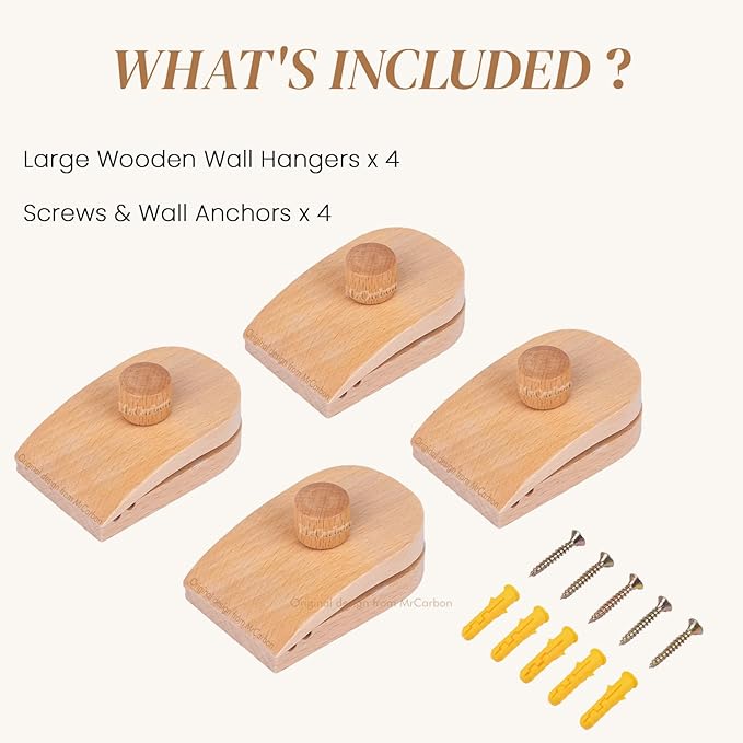 4 Large Wooden Quilt Hanger for Wall for Display – Adjustable Blanket & Rug Clips with Anti-Slip Serrated Grip, No-Drill Wall Mount Tapestry Clamps for Throws, Carpet, Textile Art (Natural Beech)