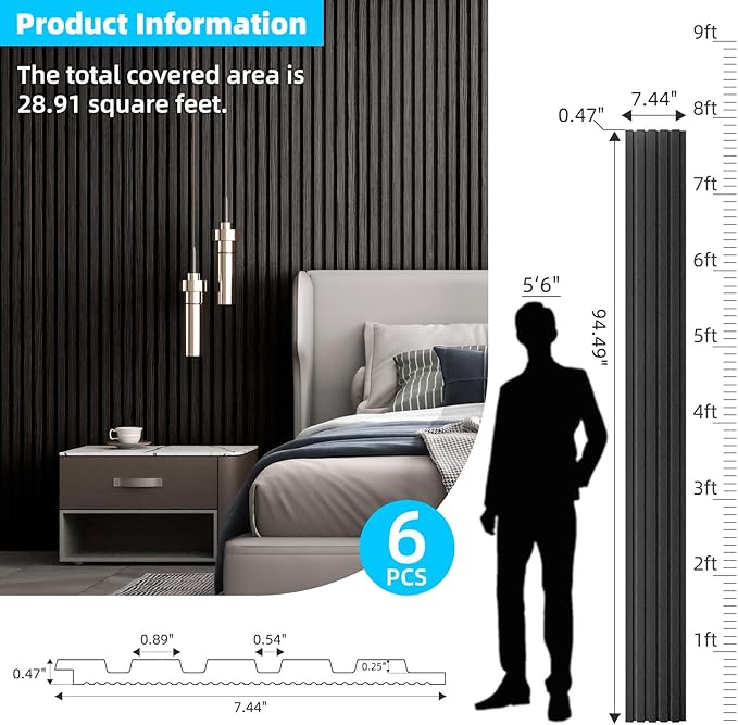 Art3d 6-Pieces Wood Slat Panels for Stylish Interior Decor and Ceiling Decoration, MDF 3D Textured Panel for Ceiling and Wall,Size 94.6 x 7.4 in-Matte Black