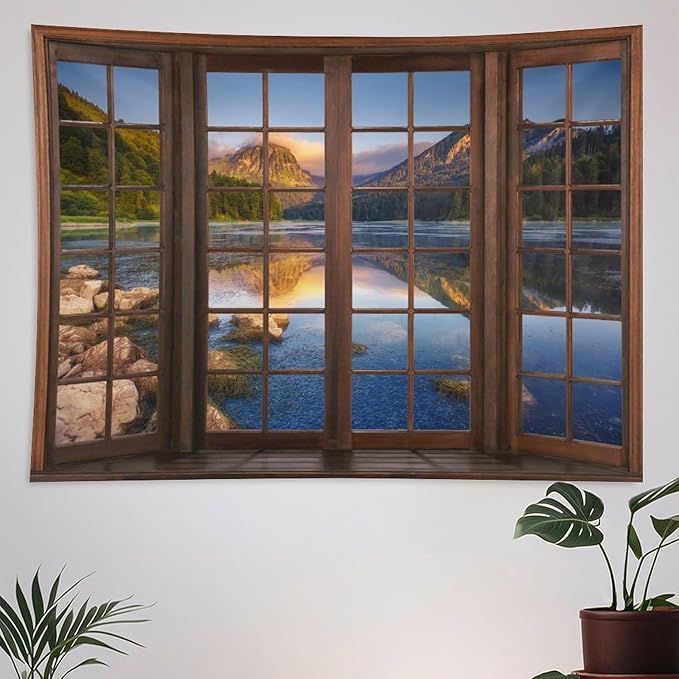 ZhiRain Mountain Scenery Tapestry Wall Hanging Through The Window Beautiful Lake Landscape Tapestries Home Decor for Living Room Bedroom Apartment Farmhouse Dorm 60"x80"