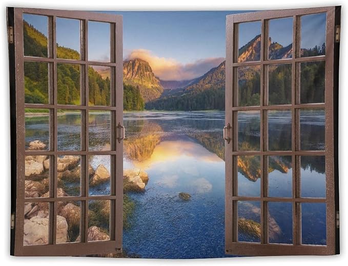 ZhiRain Mountain Scenery Tapestry Wall Hanging Wooden Window View Beautiful Lake Landscape Tapestries Home Decor for Living Room Bedroom Apartment Farmhouse Dorm 30"x40"