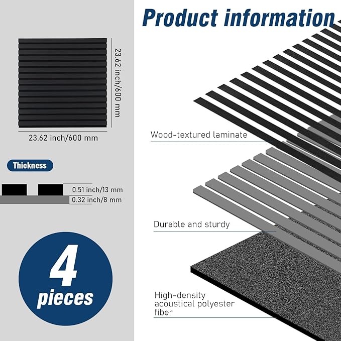 Acoustic Panels,Wood Slat for Wall & Soundproofing Wall Panels，3D Wall Panels High Density Sound Dampening Panels，4 Pack 24"x24" ，Black