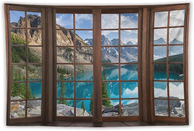 ZhiRain Mountain Landscape Tapestry Wall Hanging Nature Scenery Lake Pine Tree Forest Blue Sky Through Brown Window Tapestries Home Decor for Living Room Bedroom Apartment Farmhouse 60"x90"