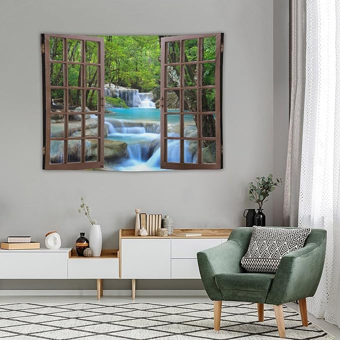 ZhiRain Waterfall Tree Landscape Tapestry Wall Hanging Natural Scenery Forest Garden Spring Stone River Tapestries Home Decor for Living Room Bedroom Apartment Farmhouse Dorm 30"x40"