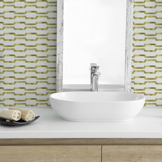 Yipscazo Peel and Stick backsplash 3 x 6 Inches 3D PVC Composite Wall Tile Stick on Backsplash Tile for Kitchen Bathroom, Laundry Room, Fireplace(White with Gold Metal, 32 Pieces)