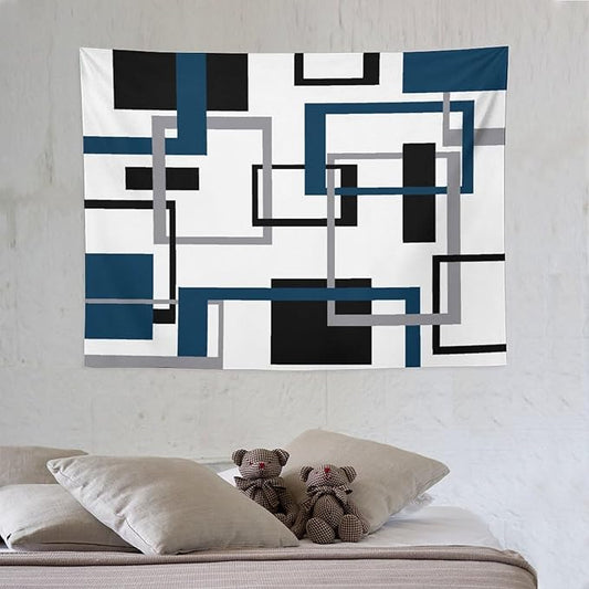 ZhiRain Navy Blue Tapestry Wall Hanging Mid Century Modern Geometric Abstract Navy Black Grey Square White Backdrop Tapestries Home Decor for Living Room Bedroom Apartment Farmhouse 30"x40"