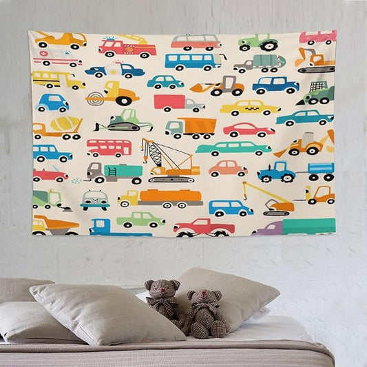 ZhiRain Cartoon Cars Print Tapestry Wall Hanging Cartoon Shovel And Trucks Tapestries Home Decor for Living Room Bedroom Apartment Farmhouse Dorm 60"x90"