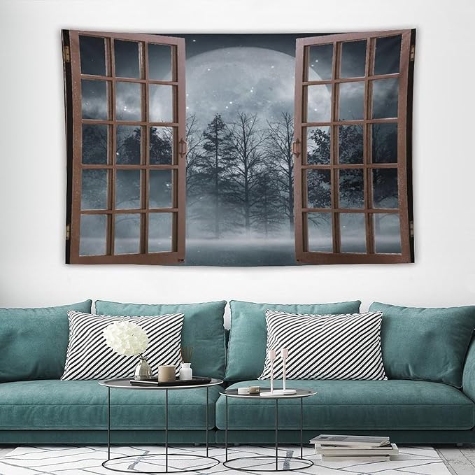 ZhiRain Misty Landscape Tapestry Wall Hanging Dark Black Nature Moon Gothic Tree Scenery Foggy Woodland Tapestries Home Decor for Living Room Bedroom Apartment Farmhouse Dorm 40"x60"