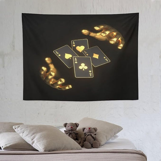ZhiRain Poker Theme Tapestry Wall Hanging Modern Black Gold Playing Cards Art Printed Tapestries Home Decor for Living Room Bedroom Farmhouse Apartment Dorm 30"x40"