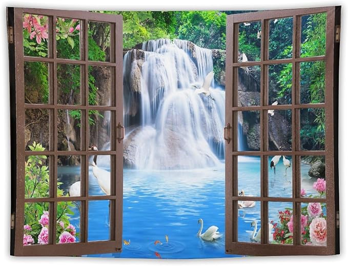 ZhiRain Waterfall Landscape Tapestry Wall Hanging Natural Forest Garden Trees And Roses Flower Scenery Tapestries Home Decor for Living Room Bedroom Apartment Farmhouse Dorm 30"x40"