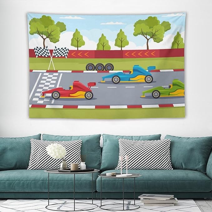 ZhiRain Race Car Tapestry Wall Hanging Cartoon Racing Car Track Formula Racer Sports Finish Line Tapestries Home Decor for Living Room Bedroom Apartment Farmhouse Dorm 40"x60"