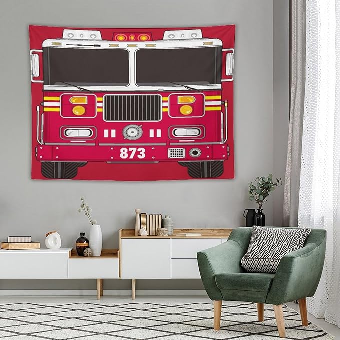 ZhiRain Cartoon Fire Truck Tapestry Wall Hanging Fire Engine Firemen Car Firefighter Truck Fire Fighting Tapestries Home Decor for Living Room Bedroom Apartment Farmhouse Dorm 60"x80"