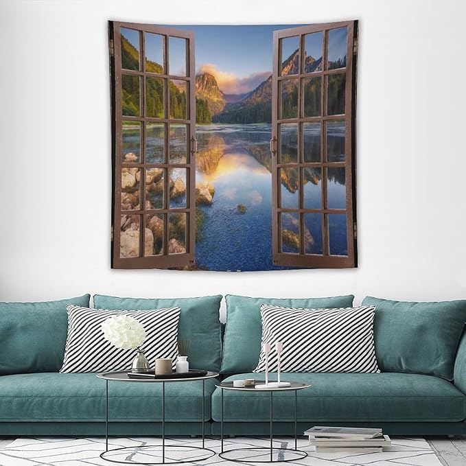 ZhiRain Mountain Scenery Tapestry Wall Hanging Wooden Window View Beautiful Lake Landscape Tapestries Home Decor for Living Room Bedroom Apartment Farmhouse Dorm 60"x60"