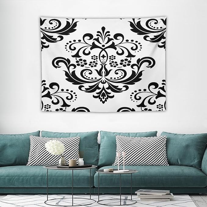 ZhiRain Baroque Damask Floral Pattern Tapestry Wall Hanging Flowers on Black And White Antique Gothic Tapestries Home Decor for Living Room Bedroom Farmhouse Apartment Dorm 30"x40"