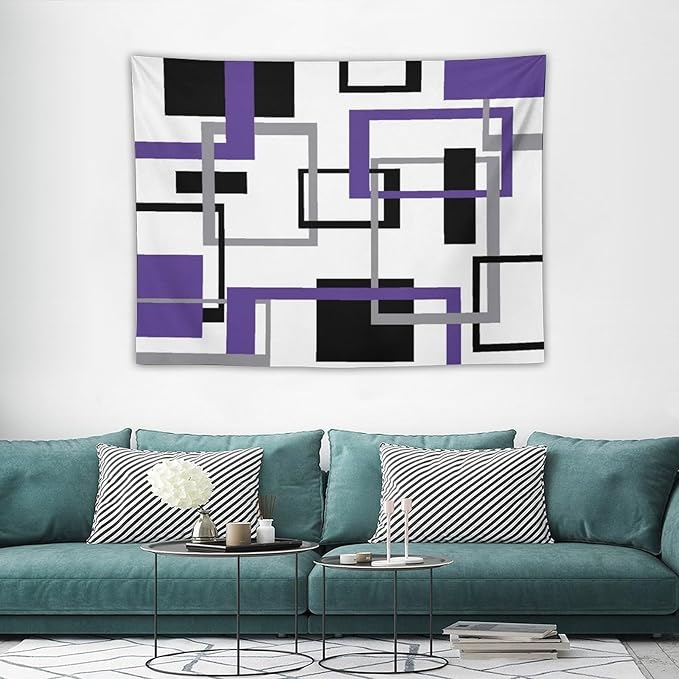 ZhiRain Purple Tapestry Wall Hanging Mid Century Modern Geometric Abstract Lavender Black Grey Square White Backdrop Tapestries Home Decor for Living Room Bedroom Apartment Farmhouse 30"x40"
