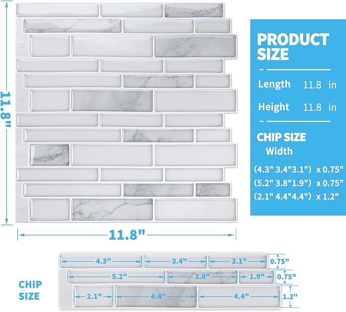 Art3d 10-Sheet Premium Stick On Kitchen Backsplash Tiles, 12"x12" Peel and Stick Self Adhesive Wall Tiles, White Marble Design
