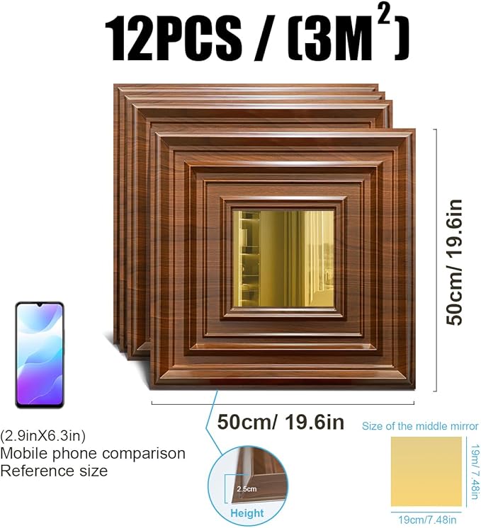 12 Pack PVC Ceiling Tiles 19.7"x19.7" – Gold Mirror & Wood Grain 3D Wall Panels for Wall and Ceiling Decoration,Cover 32.3 Sq.Ft – Waterproof,Lightweigh(Dark Brown, Gold)