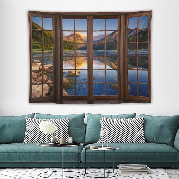 ZhiRain Mountain Scenery Tapestry Wall Hanging Through The Window Beautiful Lake Landscape Tapestries Home Decor for Living Room Bedroom Apartment Farmhouse Dorm 60"x80"