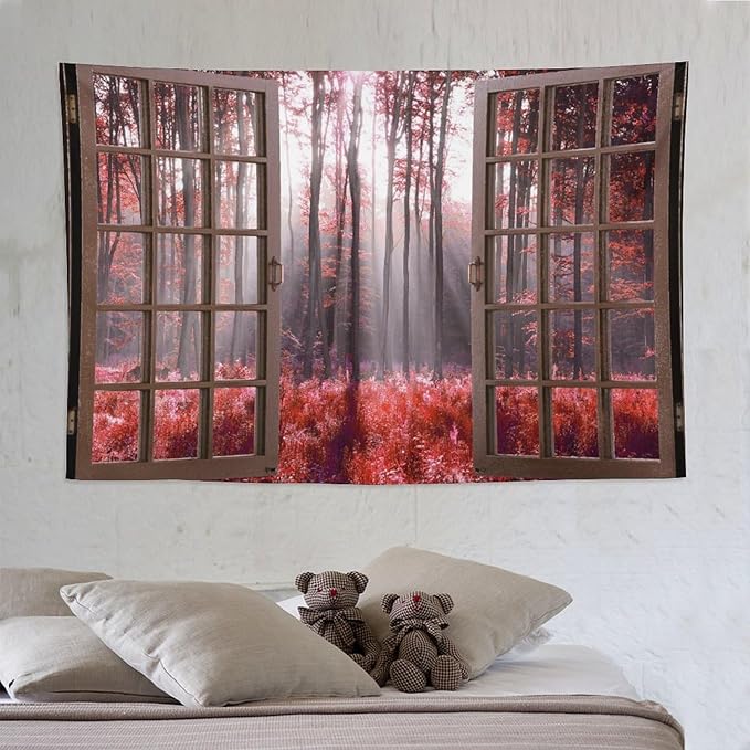 ZhiRain Red Forest Tapestry Wall Hanging Season Foggy Nature And Enchanted Woods Wild Trees Print Tapestries Home Decor for Living Room Bedroom Apartment Farmhouse Dorm 60"x90"