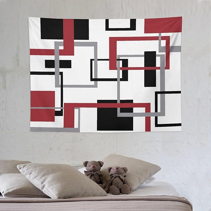 ZhiRain Red Tapestry Wall Hanging Mid Century Modern Geometric Abstract Red Black Grey Square White Backdrop Tapestries Home Decor for Living Room Bedroom Apartment Farmhouse Dorm 30"x40"