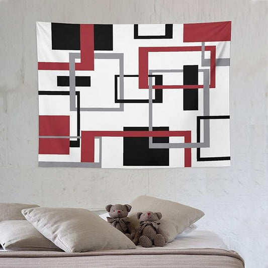 ZhiRain Red Tapestry Wall Hanging Mid Century Modern Geometric Abstract Red Black Grey Square White Backdrop Tapestries Home Decor for Living Room Bedroom Apartment Farmhouse Dorm 30"x40"