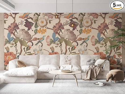 Zeeko Floral Peel and Stick Wall Mural Beige Flower Wallpaper for Bedroom TV Background Vintage Wallpaper Large Floral Wall Murals Art Deco 148" W x 98" H