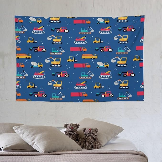 ZhiRain Cartoon Cars Print Tapestry Wall Hanging for Kids Room Cartoon Shovel And Trucks Blue Tapestries Home Decor for Living Room Bedroom Apartment Farmhouse Dorm 40"x60"