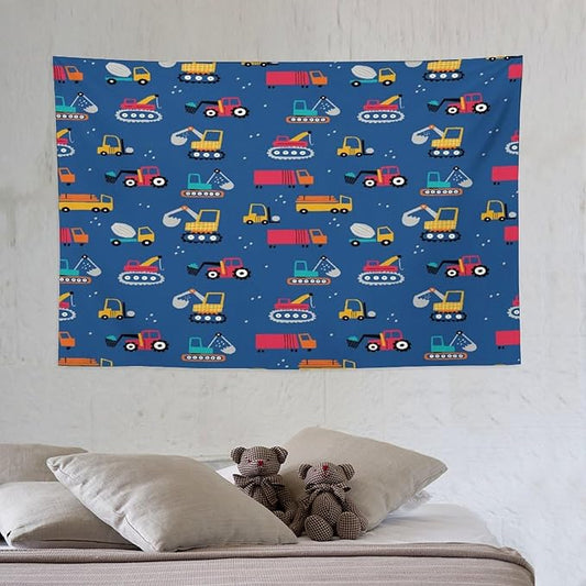 ZhiRain Cartoon Cars Print Tapestry Wall Hanging for Kids Room Cartoon Shovel And Trucks Blue Tapestries Home Decor for Living Room Bedroom Apartment Farmhouse Dorm 40"x60"
