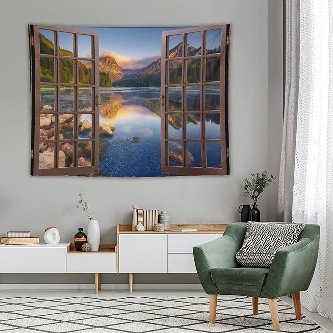 ZhiRain Mountain Scenery Tapestry Wall Hanging Wooden Window View Beautiful Lake Landscape Tapestries Home Decor for Living Room Bedroom Apartment Farmhouse Dorm 60"x80"