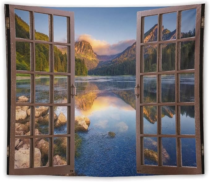 ZhiRain Mountain Scenery Tapestry Wall Hanging Wooden Window View Beautiful Lake Landscape Tapestries Home Decor for Living Room Bedroom Apartment Farmhouse Dorm 50"x60"