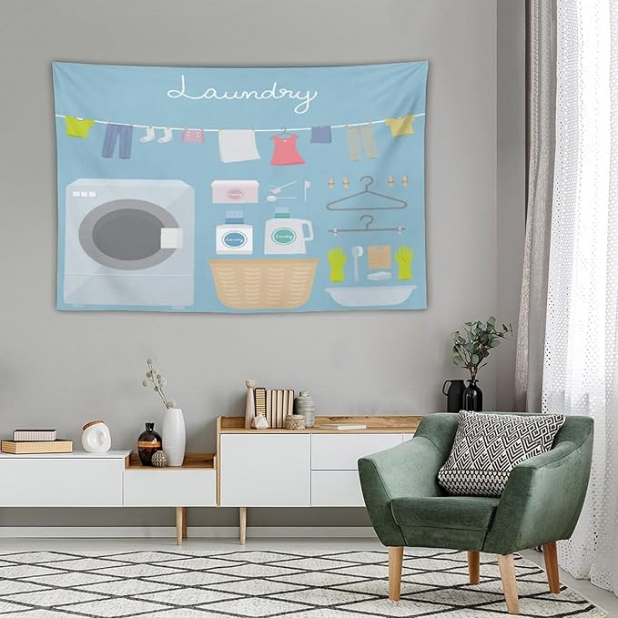 ZhiRain Laundry Room Tapestry Wall Hanging Blue Cartoon Wash Dry Fold Tapestries Home Decor for Living Room Bedroom Farmhouse Apartment Dorm 60"x90"