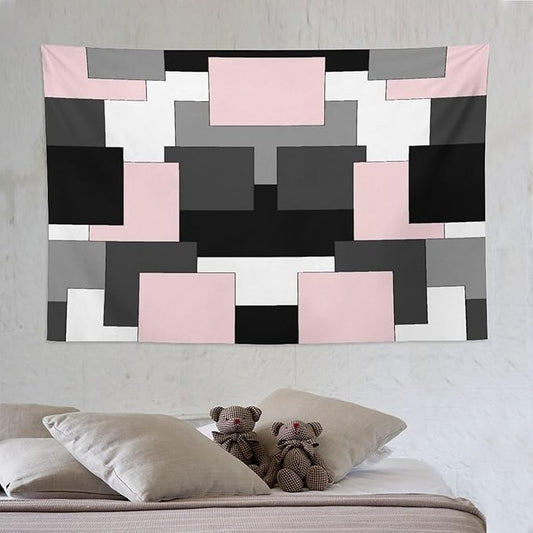 ZhiRain Pink And Black Tapestry Wall Hanging Gray White Geometric Silver Dark Abstract Square Art Tapestries Home Decor for Living Room Bedroom Apartment Farmhouse Dorm 60"x90"
