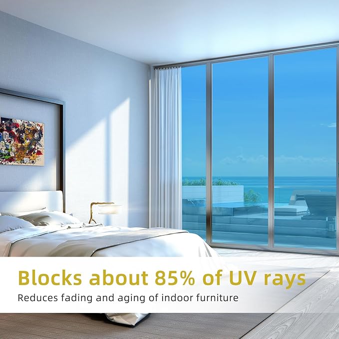 WPCTEV Window Privacy Film One Way Daytime Mirror Tint Treatments UV Heat Control Vinyl Stickers Sun Block Glass Paper Door Covering Reflective (Light Blue Silver, 35.4 Inch x 6.5 Feet)