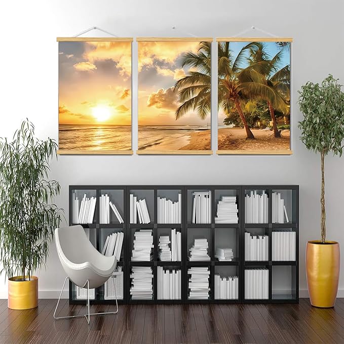3pcs Beach Canvas Wall Art, Canvas Art with Frames, For Office Home Decor Bedroom Living Room Wall Decor. (Yellow Beach 29L x 20W, Framed)