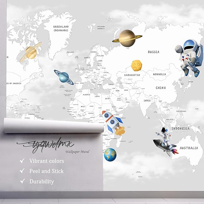 YQWDMX - Grey map Peel and Stick Wallpaper Cartoon Planet Kids Wall Mural for Nursery ZY04 M