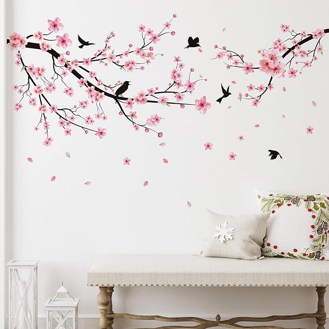 Zonon 6 Pcs Flowers Wall Decals Stickers Vinyl Removable Peel and Stick Colorful Dragonflies Floral Wall Murals Decor for Bedroom Living Room Nursery (Cherry Blossoms)