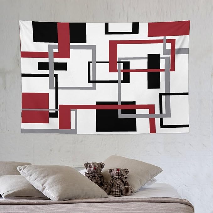 ZhiRain Red Tapestry Wall Hanging Mid Century Modern Geometric Abstract Red Black Grey Square White Backdrop Tapestries Home Decor for Living Room Bedroom Apartment Farmhouse Dorm 40"x60"