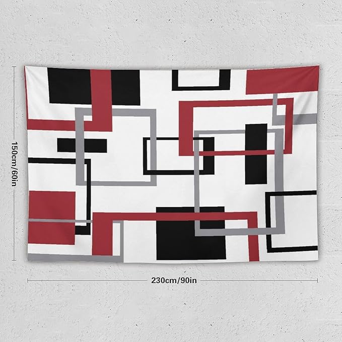 ZhiRain Red Tapestry Wall Hanging Mid Century Modern Geometric Abstract Red Black Grey Square White Backdrop Tapestries Home Decor for Living Room Bedroom Apartment Farmhouse Dorm 60"x90"