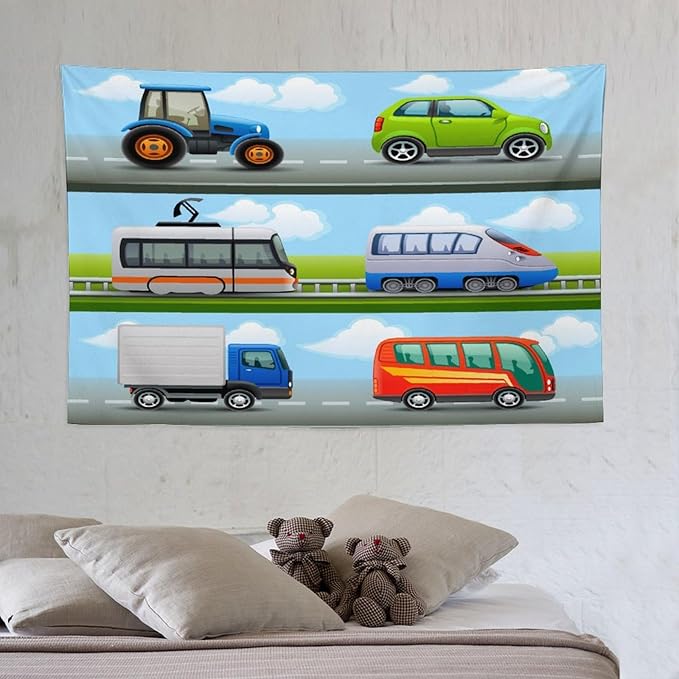 ZhiRain Construction Truck Tapestry Wall Hanging Tractor Bus Cartoon Cars Vehicle Tapestries Home Decor for Living Room Bedroom Apartment Farmhouse Dorm 40"x60"
