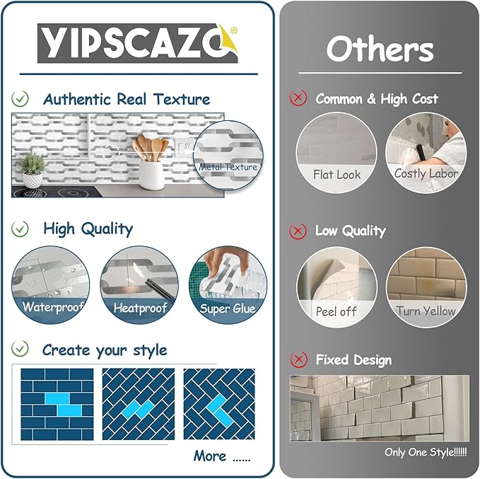 Yipscazo Peel and Stick backsplash 3 x 6 Inches 3D PVC Composite Wall Tile Stick on Backsplash Tile for Kitchen Bathroom, Laundry Room, Fireplace(White with Silver Metal, 32 Pieces)