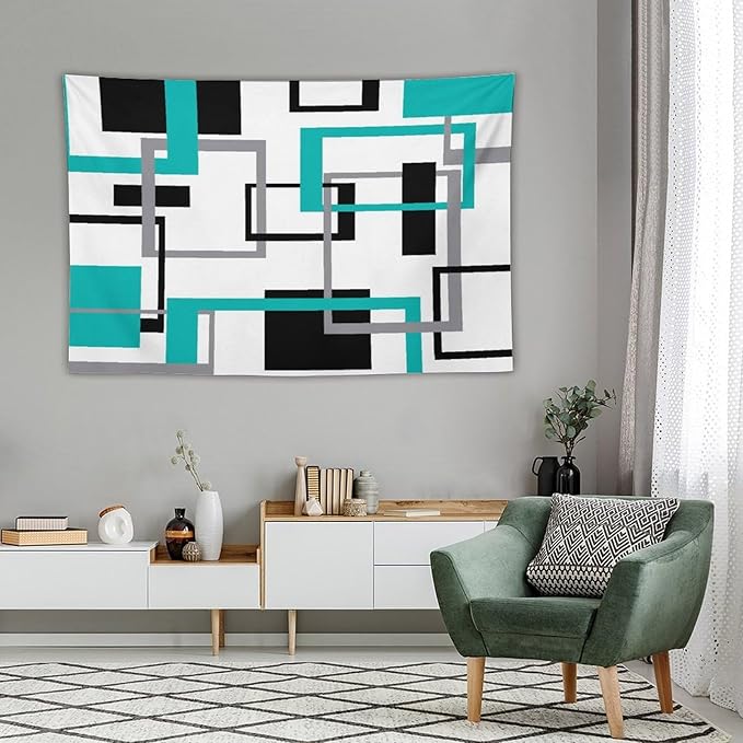 ZhiRain Teal Tapestry Wall Hanging Mid Century Modern Turquoise Abstract Aqua Black Grey Geometric White Backdrop Tapestries Home Decor for Living Room Bedroom Apartment Farmhouse 60"x90"