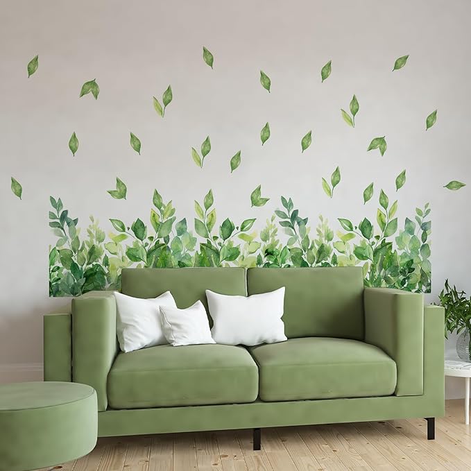 3 Pieces Green Leaves Wall Decals Vinyl Green Vines Wall Stickers Removable Art Murals Peel and Stick Leaves Decor for Girls Bedroom Living Room Nursery
