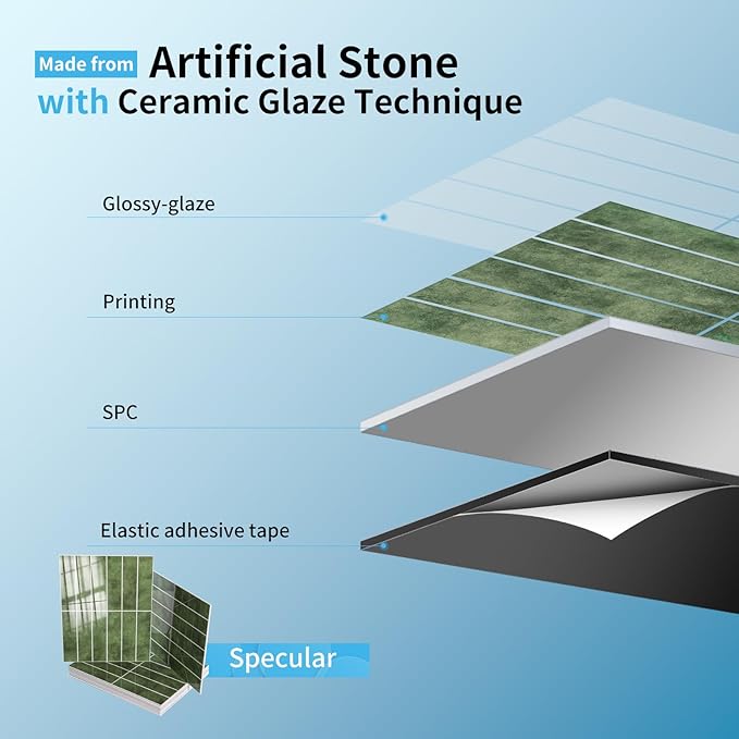 Art3d 10-Sheet Faux Marble Peel and Stick Backsplash Tile for Kitchen Wall Bathroom Countertops, 11.4 inch x 9.1 inch Stick-on Glazed-Ceramic Finish Resist to Water, Heat and Scratches, Green