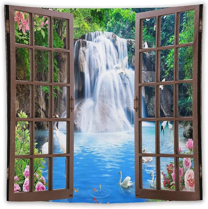ZhiRain Waterfall Landscape Tapestry Wall Hanging Natural Forest Garden Trees And Roses Flower Scenery Tapestries Home Decor for Living Room Bedroom Apartment Farmhouse Dorm 60"x60"