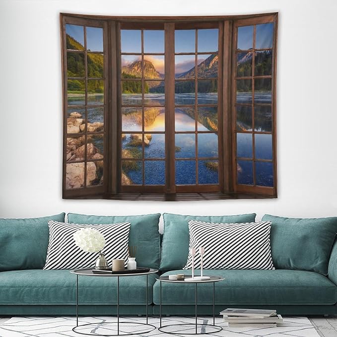 ZhiRain Mountain Scenery Tapestry Wall Hanging Through The Window Beautiful Lake Landscape Tapestries Home Decor for Living Room Bedroom Apartment Farmhouse Dorm 50"x60"