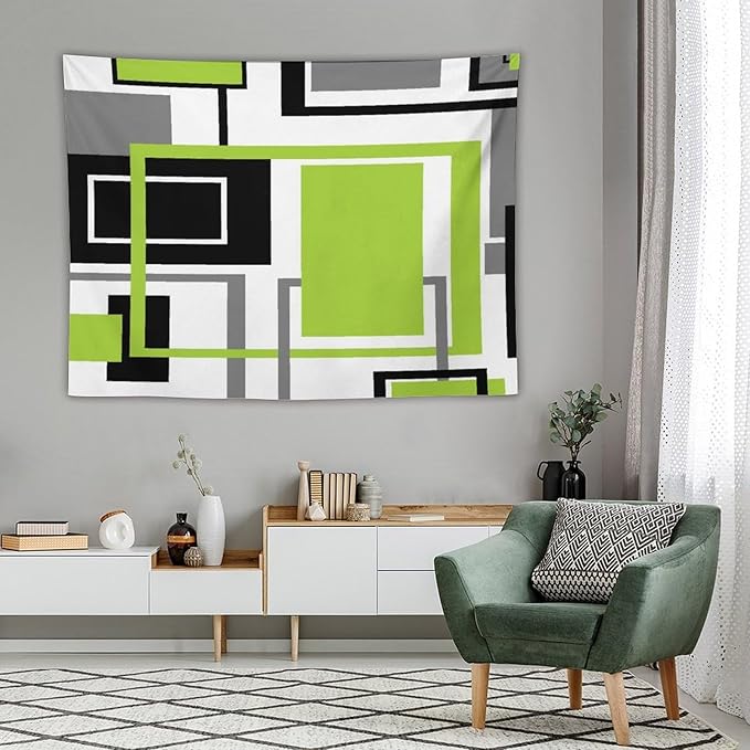 ZhiRain Modern Green Tapestry Wall Hanging Geometric Green Gray Black Tapestries Home Decor for Living Room Bedroom Farmhouse Apartment Dorm 60"x80"