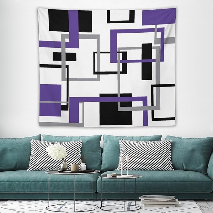 ZhiRain Purple Tapestry Wall Hanging Mid Century Modern Geometric Abstract Lavender Black Grey Square White Backdrop Tapestries Home Decor for Living Room Bedroom Apartment Farmhouse 50"x60"