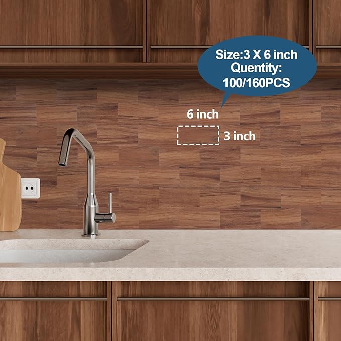 Yipscazo Peel and Stick backsplash 3 x 6 Inches 3D PVC Composite Wall Tile Stick on Backsplash Tile for Kitchen Bathroom, Laundry Room, Fireplace(Brown Wood Grain, 160 Pieces)