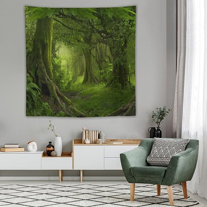 ZhiRain Misty Forest Tapestry Wall Hanging Green Tree in Jungle Forest Nature Scenery Woodland Tapestries Home Decor for Living Room Bedroom Farmhouse Apartment Dorm 60"x60"