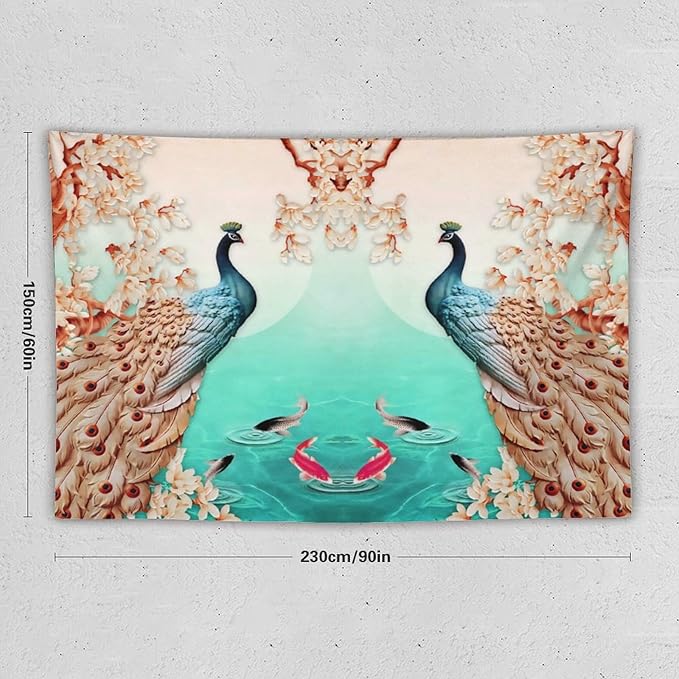 ZhiRain Peacock Tapestry Wall Hanging Retro Floral Elegant Vintage Feather Flower Theme Koi Fish Tapestries Home Decor for Living Room Bedroom Farmhouse Apartment Dorm 60"x90"